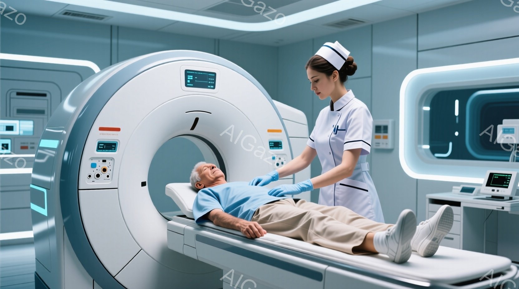 高齢の男性が病院のCTスキャン装置のベッドに仰向けに横たわっており、青いシャツとベージュ色のズボンを着用しています。若い女性の医療従事者が、青い手袋を着用して、患者の様子を確認しながら彼の腕に触れています。背景には、白い壁と医療機器が配置されており、全体的に清潔でモダンな病院の雰囲気が漂っています。