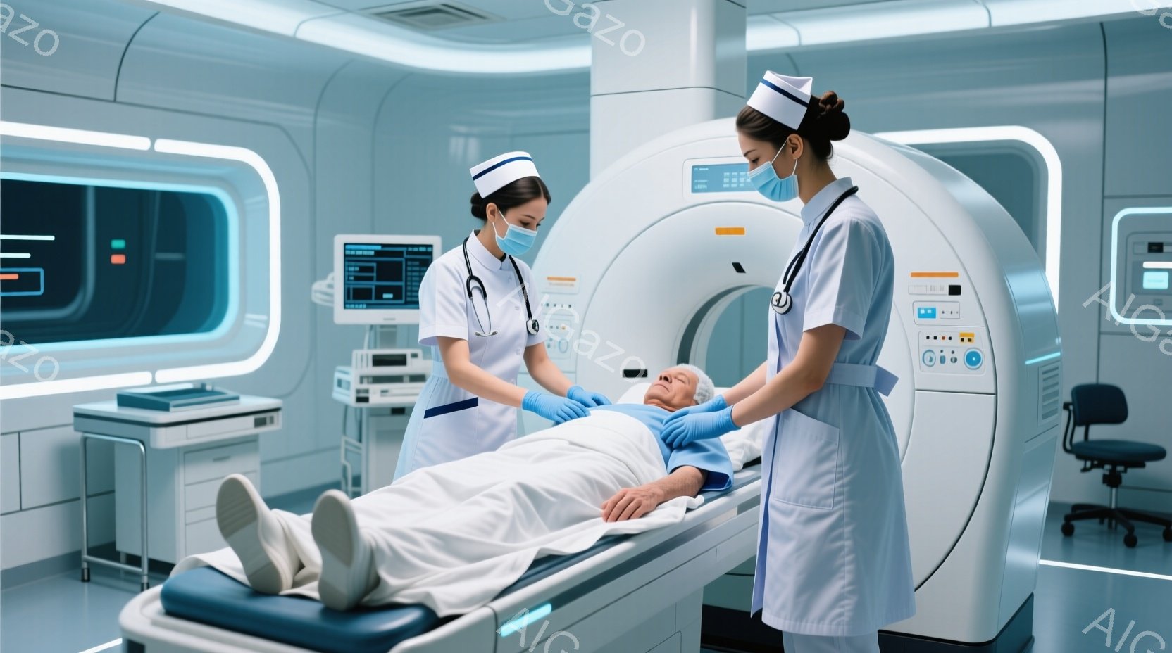 白衣と帽子を着用した2人の医療従事者が、CTスキャン装置のそばに立っており、患者の準備をしている様子が映っている。患者は青いベッドに仰向けになり、足を上げており、医療従事者は手袋を着用し、装置の操作や - AI生成フリー素材