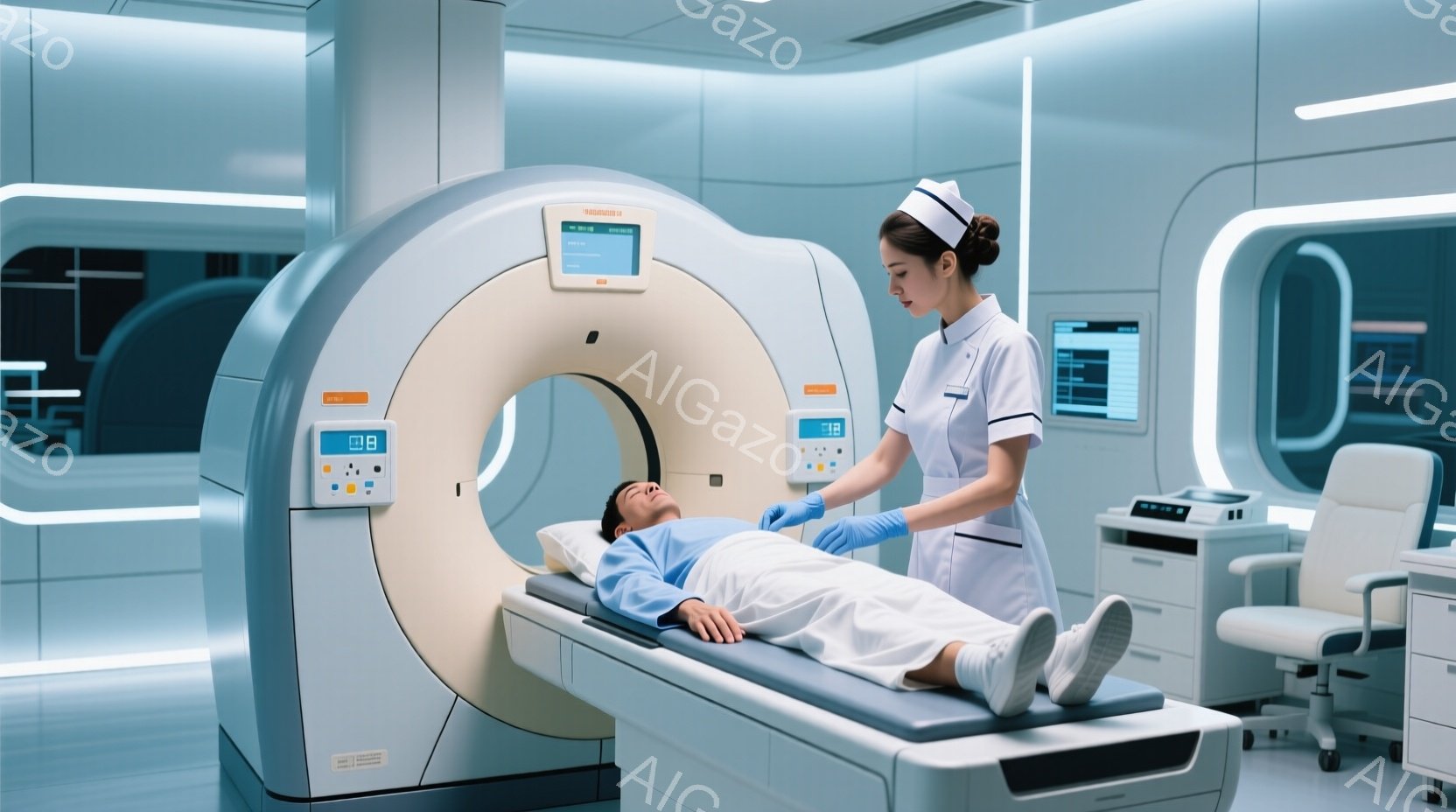 白い病院の部屋で、男性がCTスキャナーのベッドに仰向けに横たわっています。青いガウンを着ており、目は閉じられています。女性の医療従事者が、青い手袋を着用し、スキャナーの操作パネルの前に立ち、スキャン準備を行っている様子です。