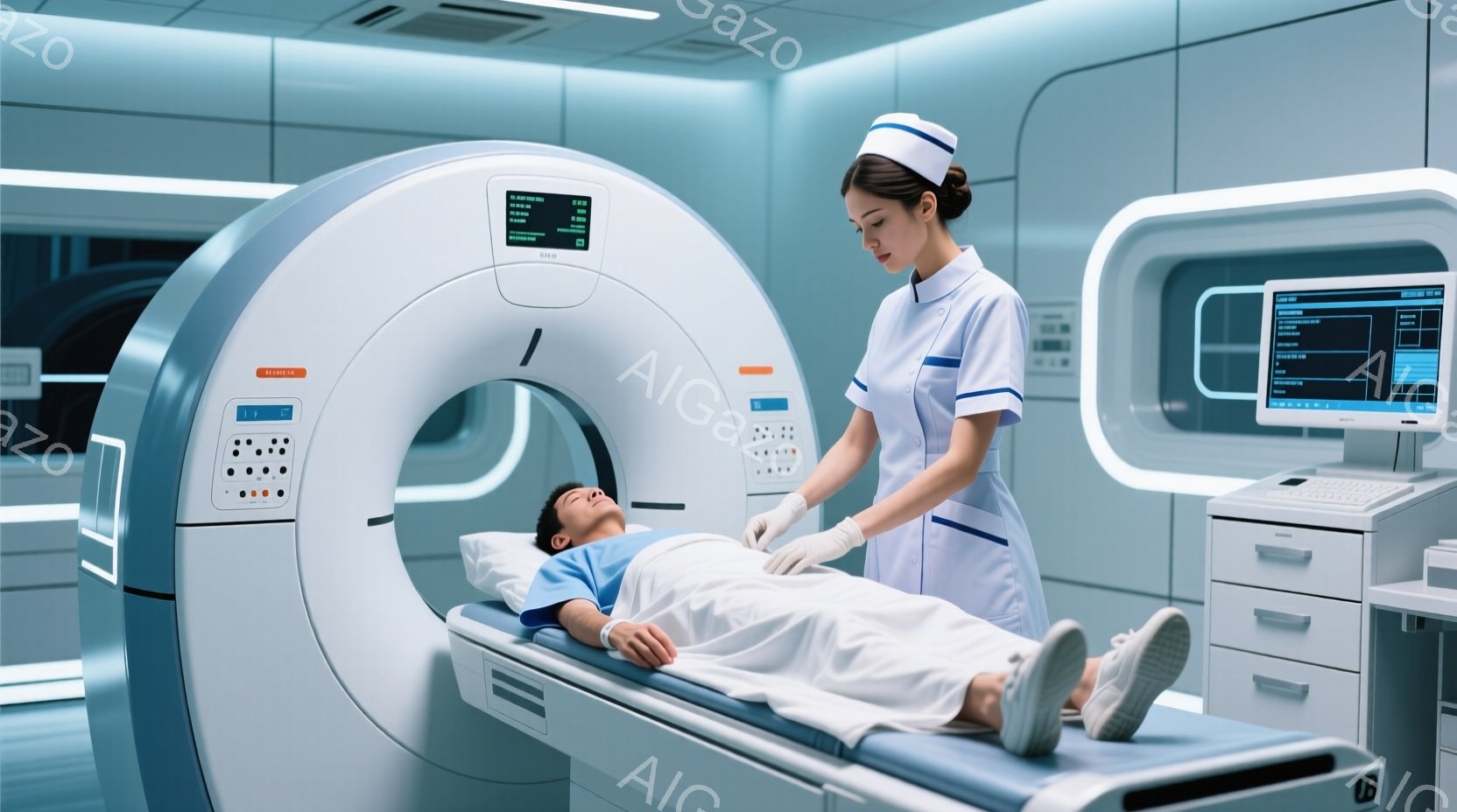 患者は病院のベッドに仰向けに横たわり、青い病院着を着ています。女性の医療従事者は白い制服と帽子を着用し、手袋をつけながら患者の傍らに立っています。背景には、医療機器とコンピュータが配置された明るく清潔 - AI生成フリー素材