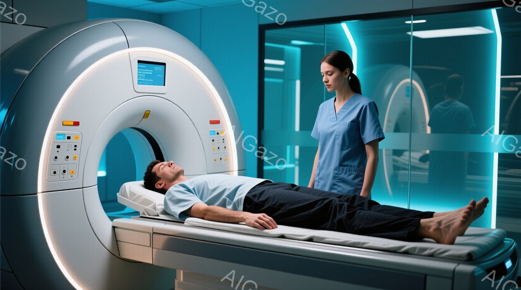 医療機器の内部に横たわる男性と、それを見守る女性医療従事者が写っている。男性は濃い色のズボンと薄い青色のシャツを着ており、医療機器の台に仰向けに寝ている。女性はスクラブ姿で、少し心配そうな表情で患者を - AI生成フリー素材