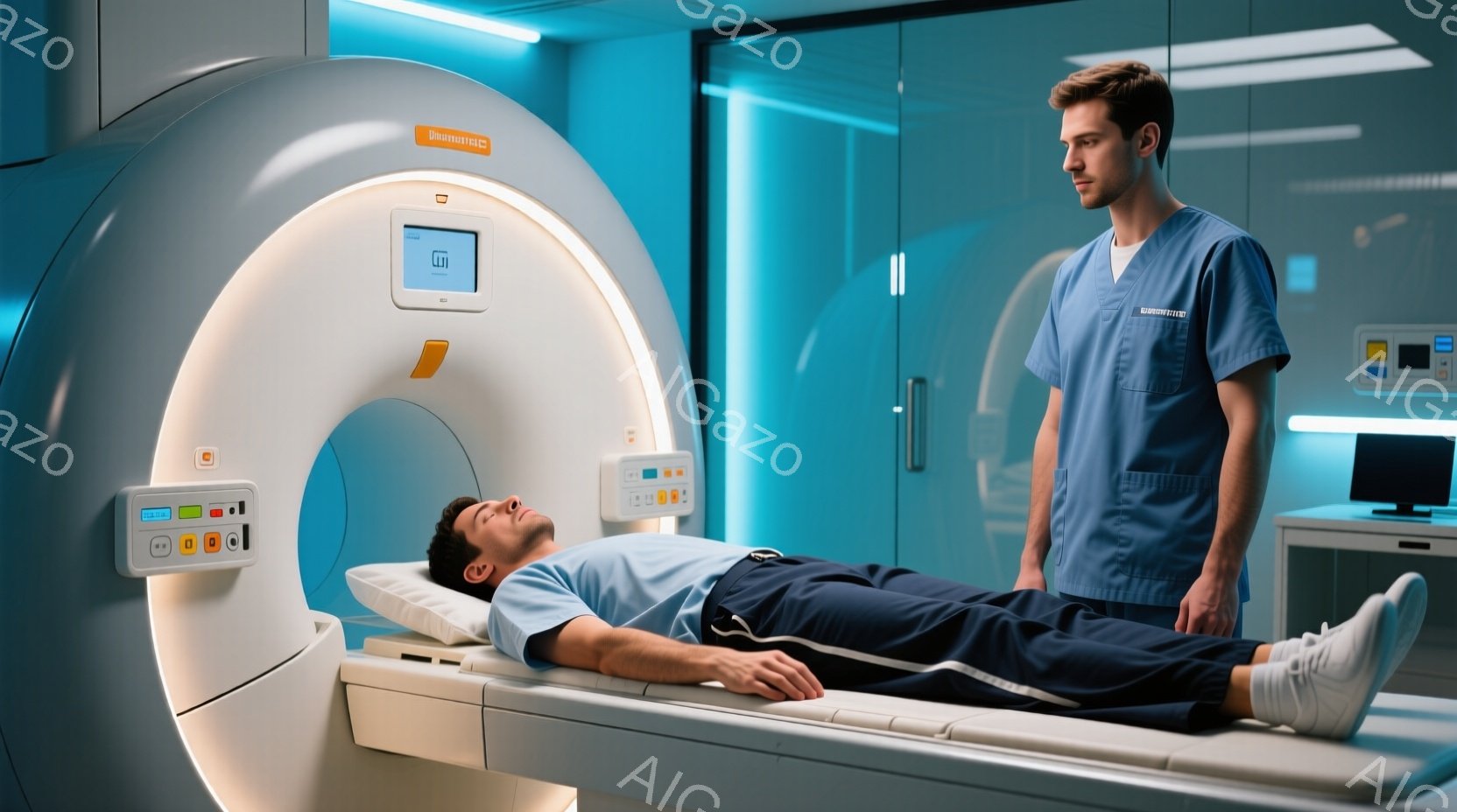 医療機器の前に横たわる男性と、それを見つめる医師が写っています。患者は青いガウンを着ており、目は閉じられています。背景は清潔感のある青い医療施設で、医療機器の操作パネルやモニターが見え、全体的に静かで落ち着いた雰囲気が漂っています。