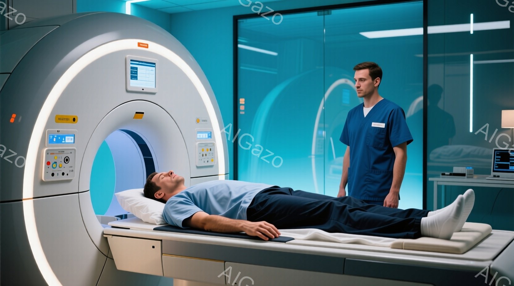 MRI装置内で横たわる男性と、青い制服を着た医療従事者が写っています。男性は病院用のガウンを着ており、リラックスした様子で目を閉じています。背景は、薄い青色の壁と、医療機器が配置された部屋で、清潔で落ち着いた雰囲気が漂っています。