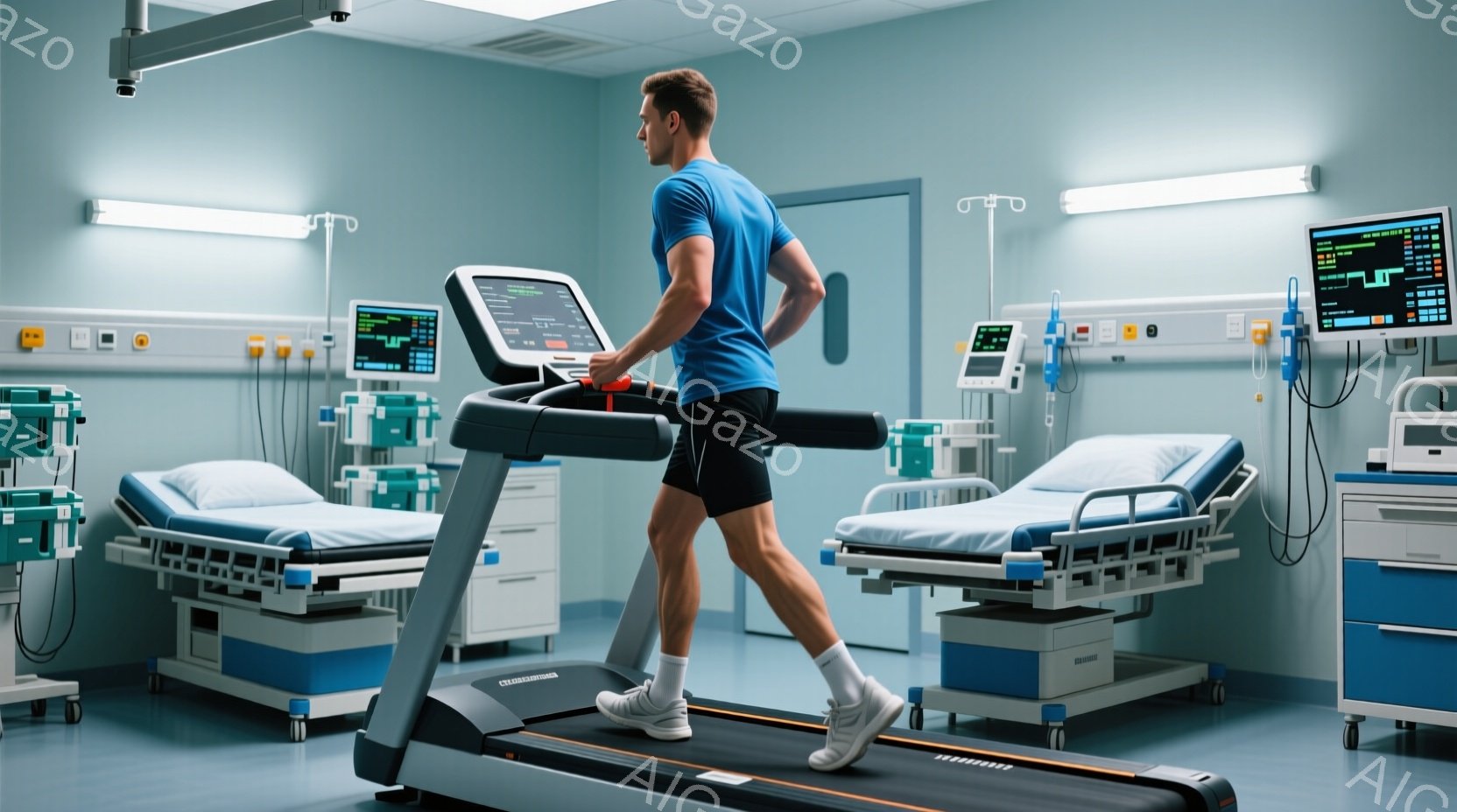 青いTシャツと黒のショーツを着た男性が、病院の一室にあるトレッドミルで走っている。部屋には複数のベッドがあり、医療機器が設置されており、病院であることを示している。全体的に、医療機関におけるリハビリテ - AI生成フリー素材