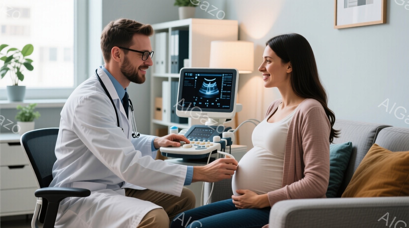 白衣を着た男性医師が、ソファーに座る妊娠中の女性のお腹に超音波検査装置を当てています。医師は微笑んでおり、女性も穏やかな表情で検査を受けています。背景には、観葉植物や医療機器が置かれた明るい診察室が見 - AI生成フリー素材