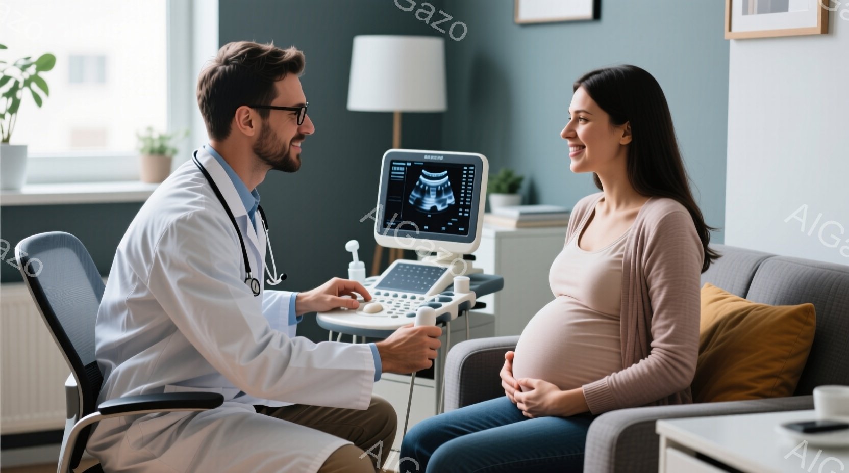 医師は白いコートを着て椅子に座り、妊婦のお腹に超音波検査器を当てています。妊婦はグレーのセーターとジーンズを着てソファーに座り、リラックスした表情で医師を見つめています。背景には、植物と間接照明があり - AI生成フリー素材