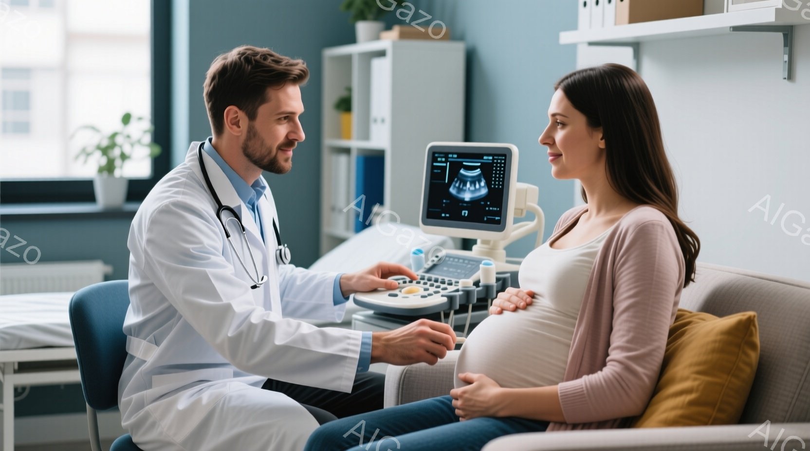 白衣を着た男性医師が、妊婦の腹部に超音波検査器を当てています。妊婦はソファーに座り、リラックスした表情で医師の方を見ています。背景には、ベッドやキャビネットが見え、病院または診療所の待合室のような清潔感のある空間が広がっています。