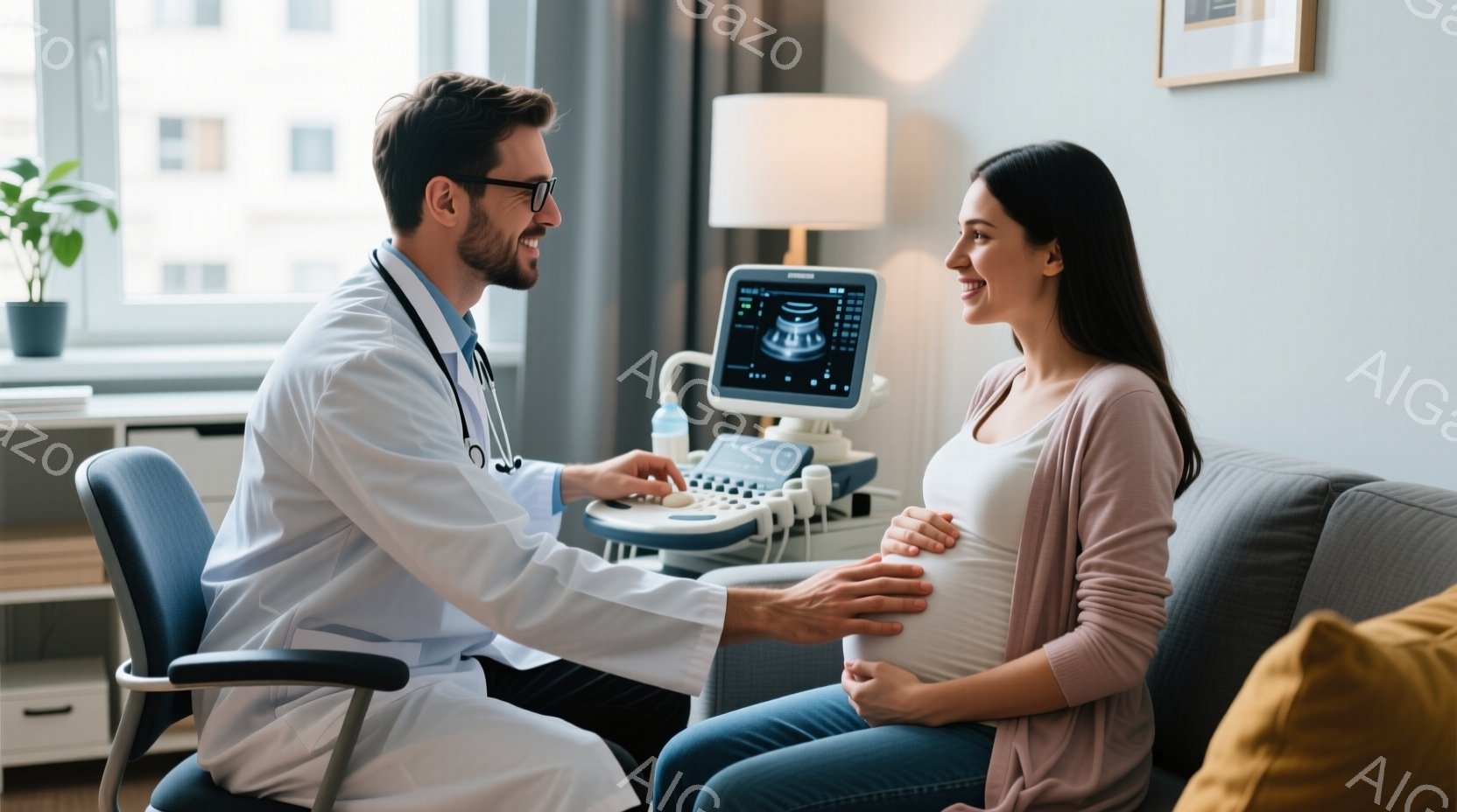 白衣を着た男性医師が、ソファーに座って穏やかな表情で妊婦さんの腹部に超音波検査器を当てています。妊婦さんは、薄いピンク色のセーターとジーンズ姿で、微笑みながらお腹に手を当てています。背景には、窓から差し込む光と植物、そして医療機器が見え、全体的に穏やかで安心感のある雰囲気が漂っています。