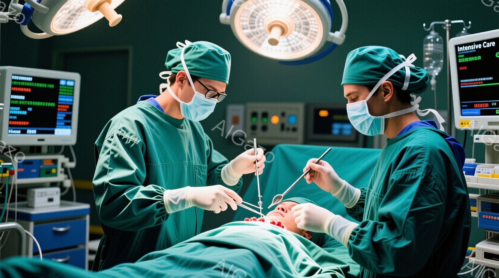 手術室で、緑色の手術着と帽子を着用した二人の医師が手術を行っている。患者は仰向けに寝ており、医師たちは集中した表情で医療器具を操作している。背景には医療機器やモニターが配置され、手術室の緊張感と集中した雰囲気が伝わる。