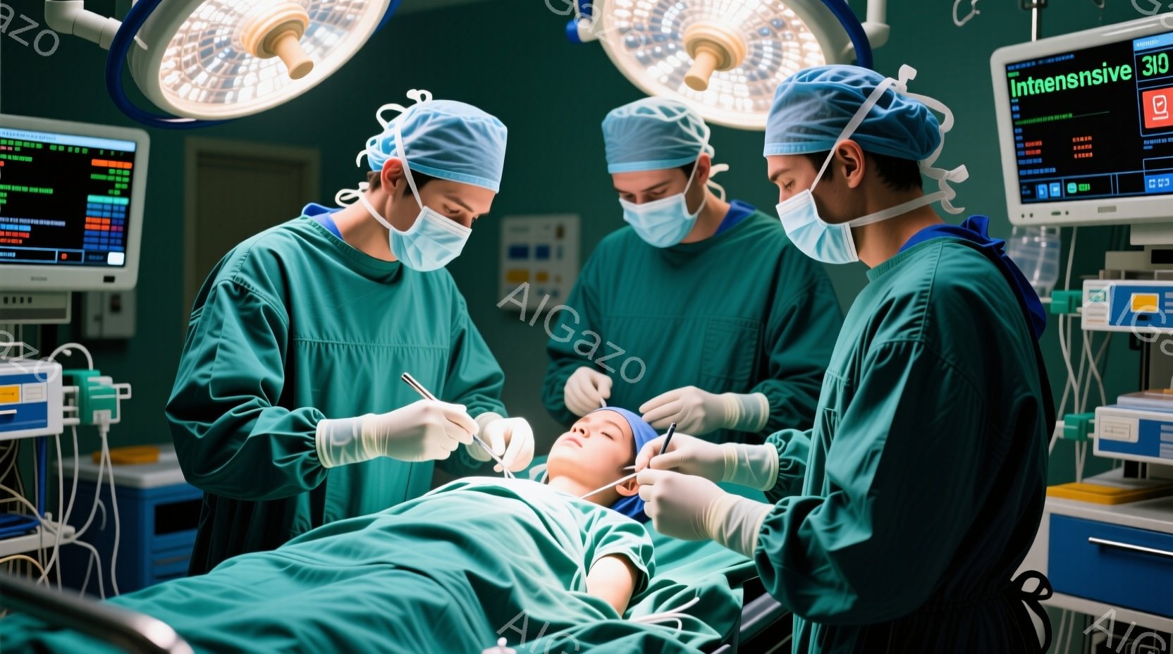 手術室で、3人の外科医が手術を行っている様子が写っている。全員が緑色の手術着とマスク、手術帽を着用しており、患者の頭部に集中して何らかの処置を行っている。背景には医療機器やモニターが多数あり、手術室の - AI生成フリー素材