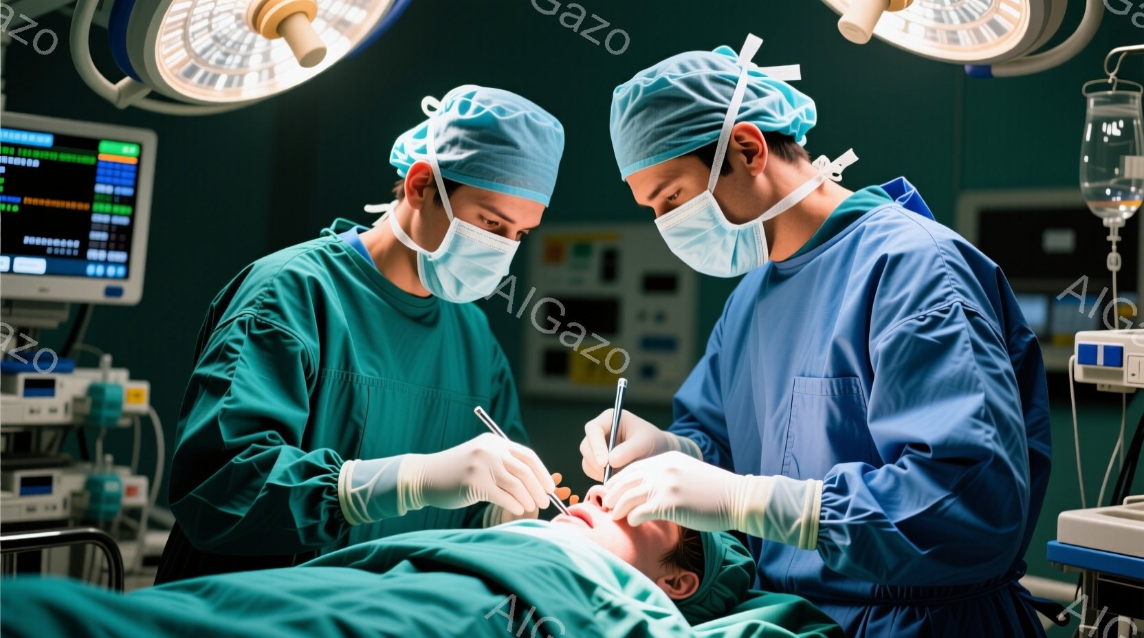 医師二人が手術室で手術を行っている様子が写っている。二人は手術着、マスク、帽子を着用し、患者の顔のすぐ近くで集中して手術に臨んでいる。背景には医療機器やモニターが見え、清潔で緊張感のある病院の雰囲気が - AI生成フリー素材