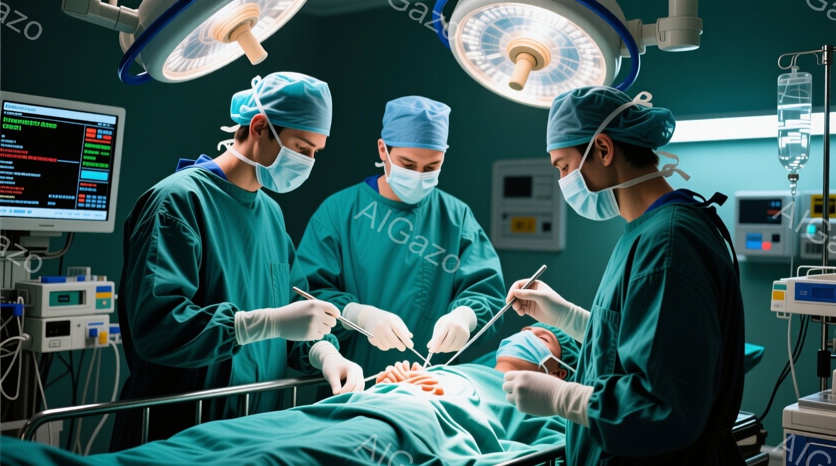 手術室で、三人の医療従事者が手術を行っている様子が写っている。全員が緑色の手術着、帽子、マスクを着用し、白い手袋をはめている。患者は手術台に仰向けに横たわり、医療従事者は集中した表情で手術器具を操作している。