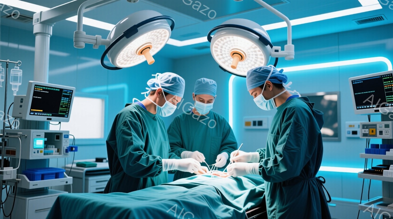 手術室で、3人の医師が手術を行っている様子が写っています。医師たちは緑色の手術着、帽子、マスクを着用し、患者に集中して手術を行っています。背景には医療機器やモニターが配置されており、無菌で緊張感のある - AI生成フリー素材