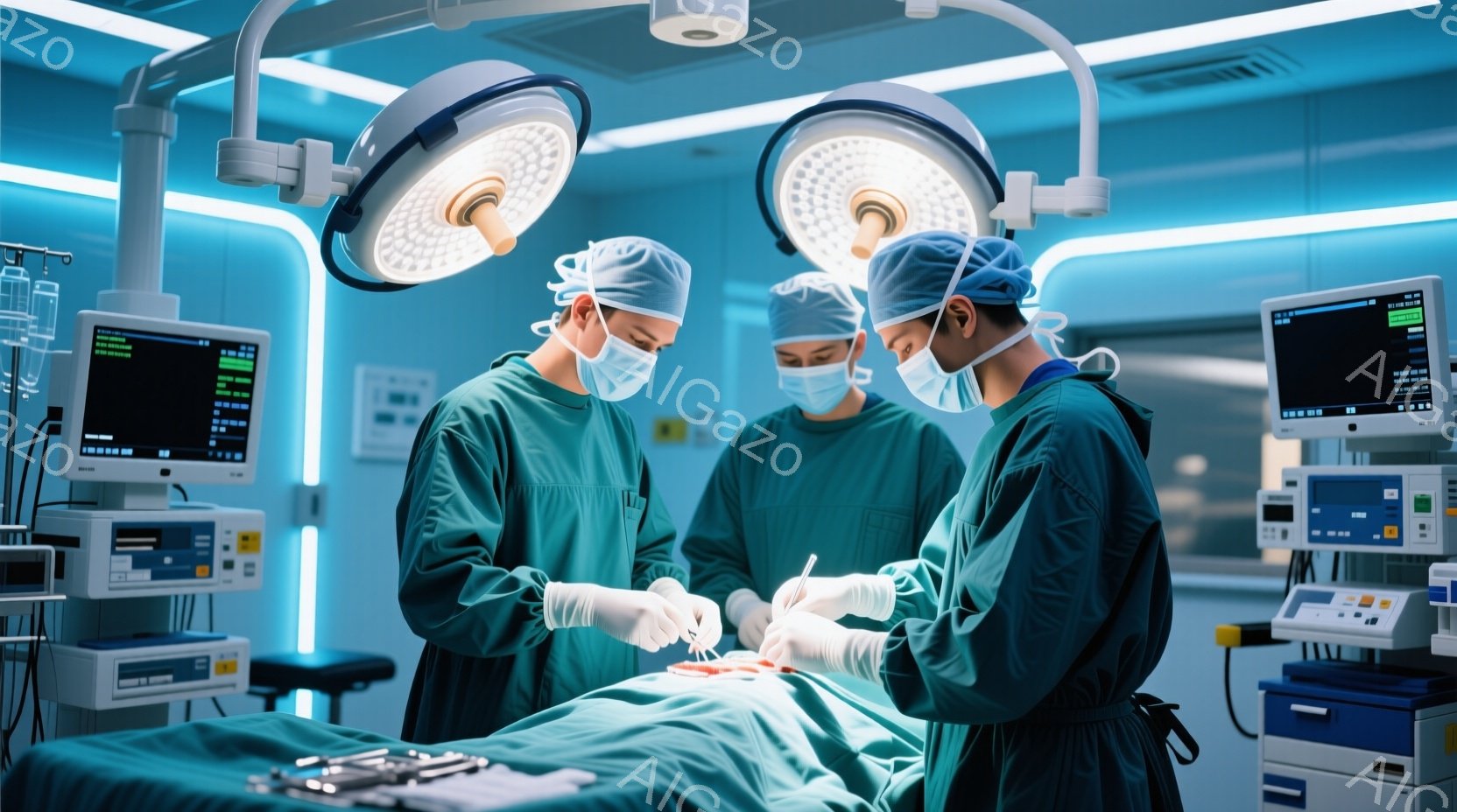 手術室で、三人の医療従事者が手術を行っている様子が写っている。彼らは皆、緑色の手術着、帽子、マスクを着用しており、患者の腹部に集中して、精密な手術を行っている。背景には、様々な医療機器やモニターが配置され、無菌的で緊張感のある雰囲気が漂っている。