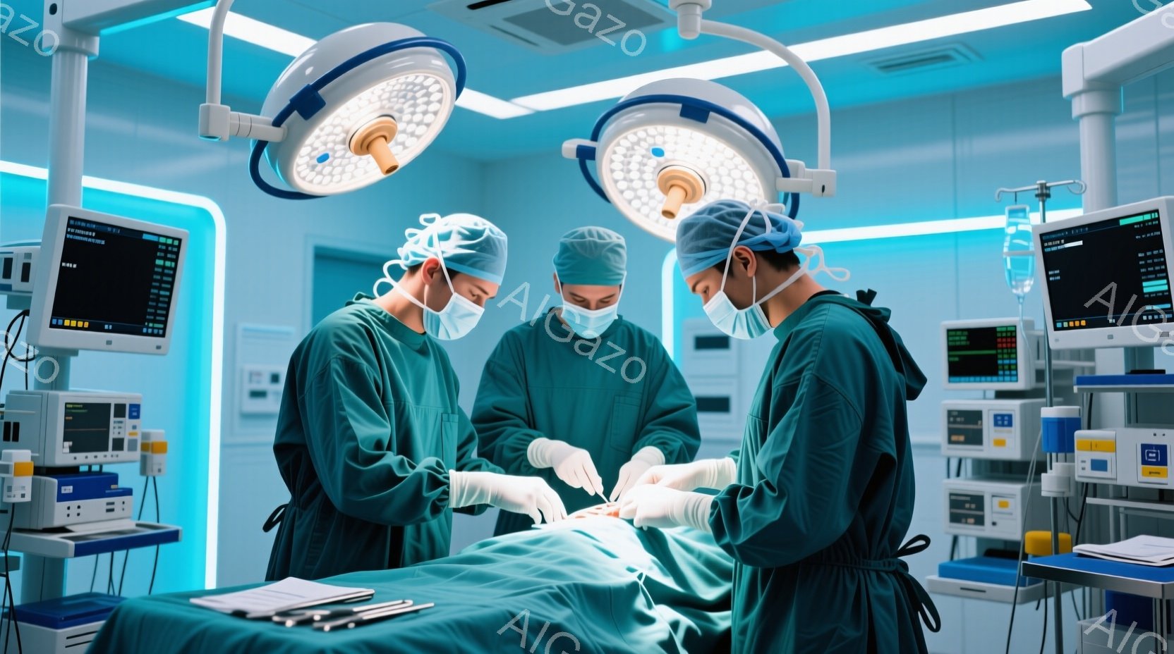 医療チームが手術室で手術を行っています。３人の医師は全員緑色の手術着、帽子、マスクを着用し、患者に集中して手術を行っています。背景には医療機器やモニターが並び、清潔で無菌的な手術室の雰囲気が伝わってき - AI生成フリー素材
