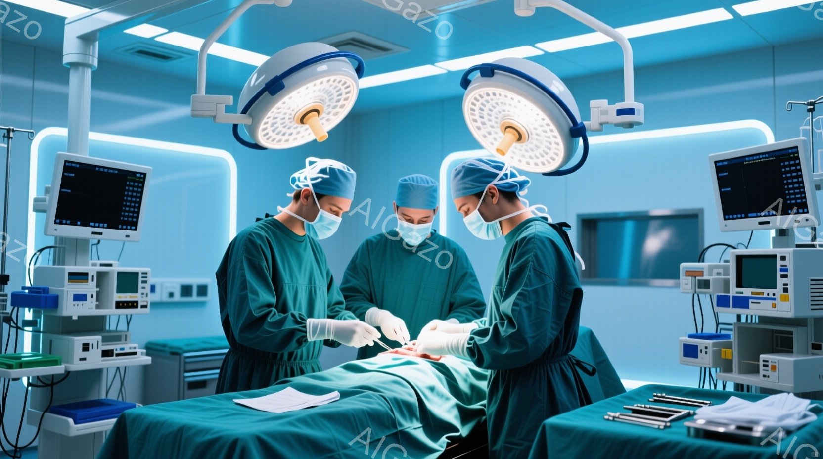 手術室で、三人の医療従事者が手術を行っている様子が写っている。全員が緑色の手術着、マスク、帽子を着用し、患者に集中して手術を行っている。背景には医療機器やモニターが並び、無菌的な環境が強調されている。 - AI生成フリー素材