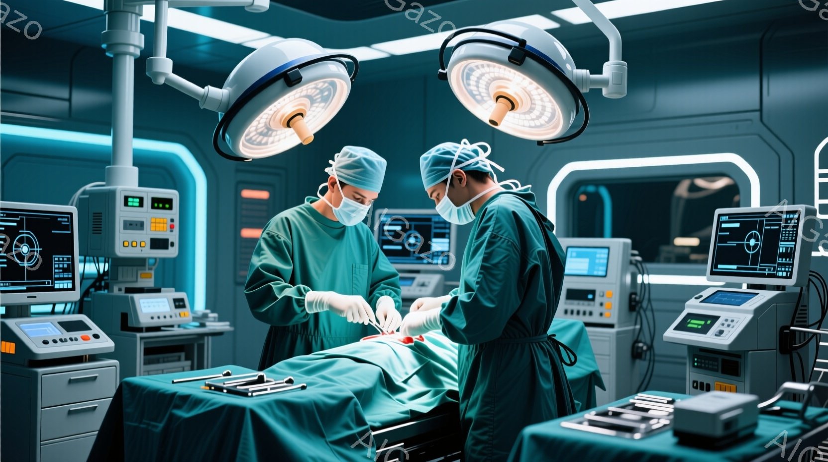 医療チームのメンバーが手術室で手術を行っています。彼らは全員手術着、帽子、マスクを着用し、真剣な表情で患者に集中しています。背景には医療機器やモニターが並び、無菌で緊張感のある雰囲気が漂っています。
