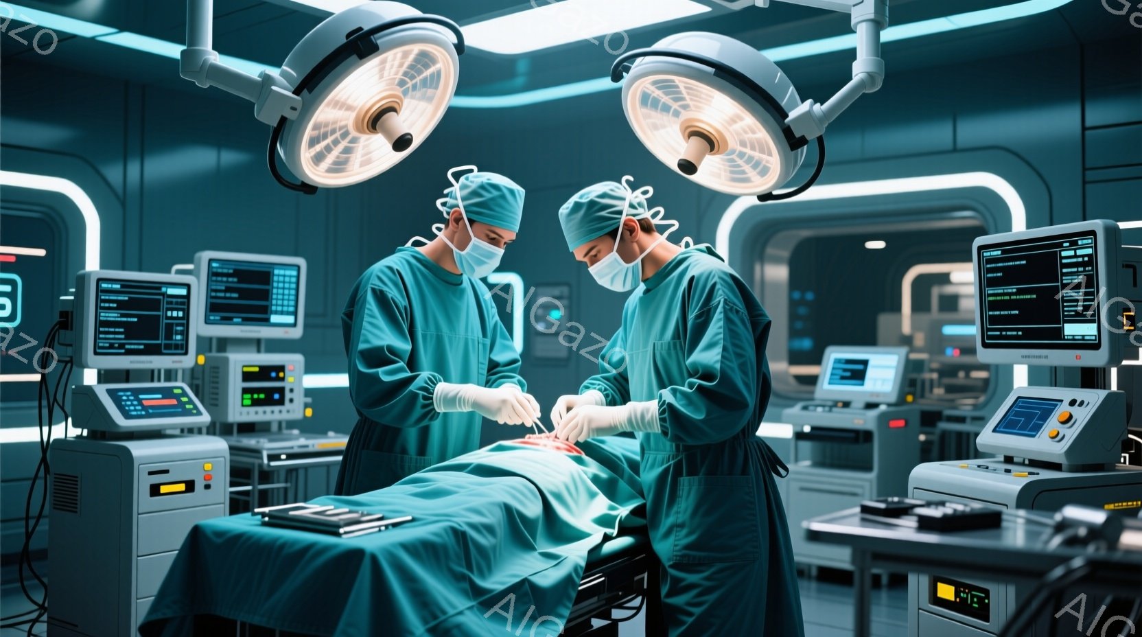 医療チームのメンバーである2人の外科医が手術室で手術を行っています。彼らは緑色の手術着、帽子、マスクを着用しており、患者の手術に集中しています。背景には、医療機器やモニターが並び、青白い光が室内を満たし、緊張感と集中した雰囲気を醸し出しています。