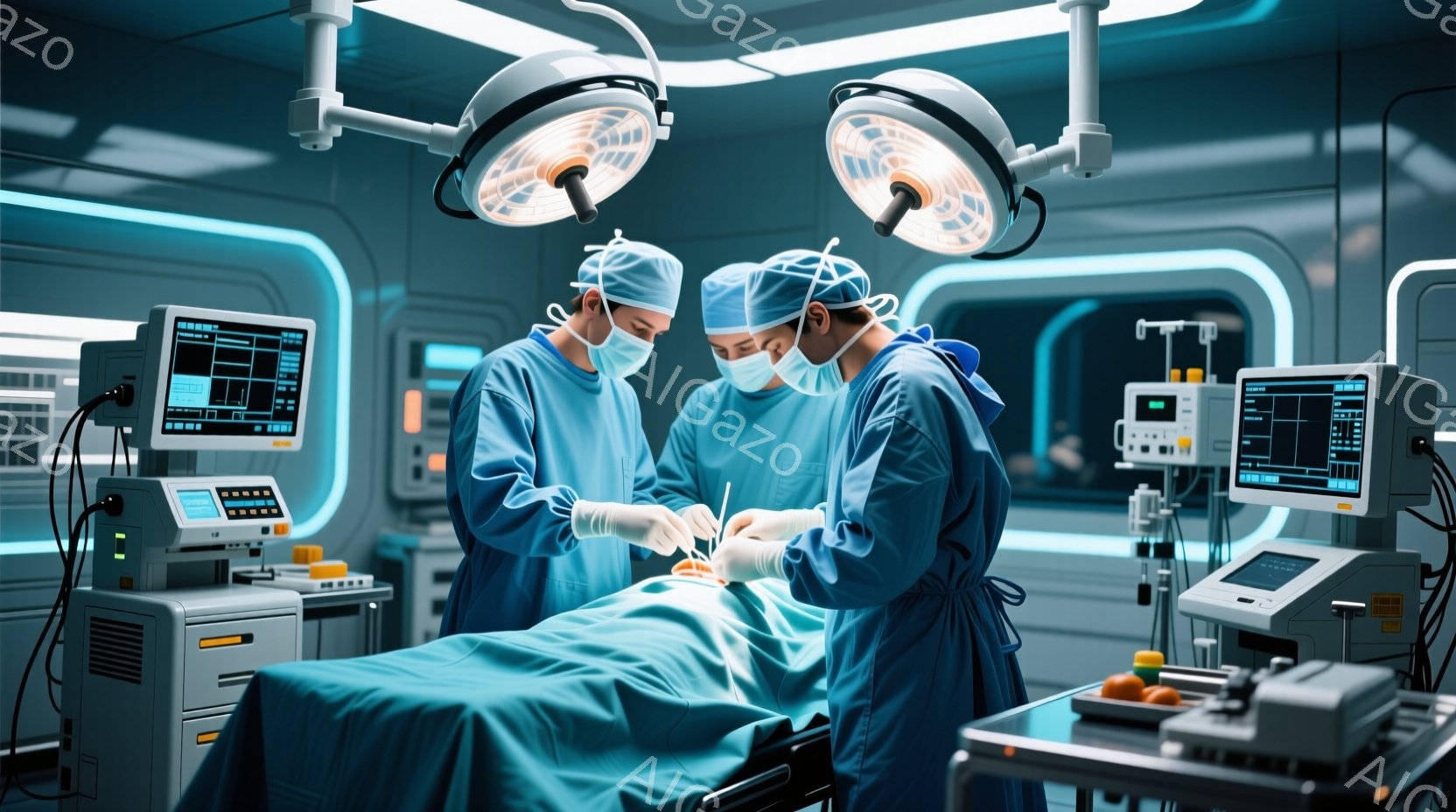 手術室で、青い手術着と帽子を着用した三人の医療従事者が、手術台に横たわる患者に集中して手術を行っている。医療機器やモニターが周囲に配置され、強い照明が手術部位を照らしているため、緊張感と集中した雰囲気が漂っている。青色のトーンが支配的で、清潔さとプロフェッショナルな印象を与える。