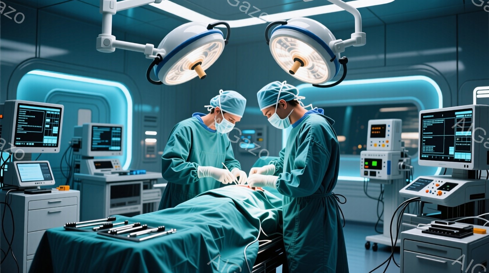 手術室で、二人の医師が手術用ガウンとマスク、帽子を着用し、患者に集中して手術を行っています。患者は手術台に仰向けになり、青い手術用シーツで覆われています。背景には様々な医療機器やモニターが配置され、手術室の無菌的で緊張感のある雰囲気が漂っています。
