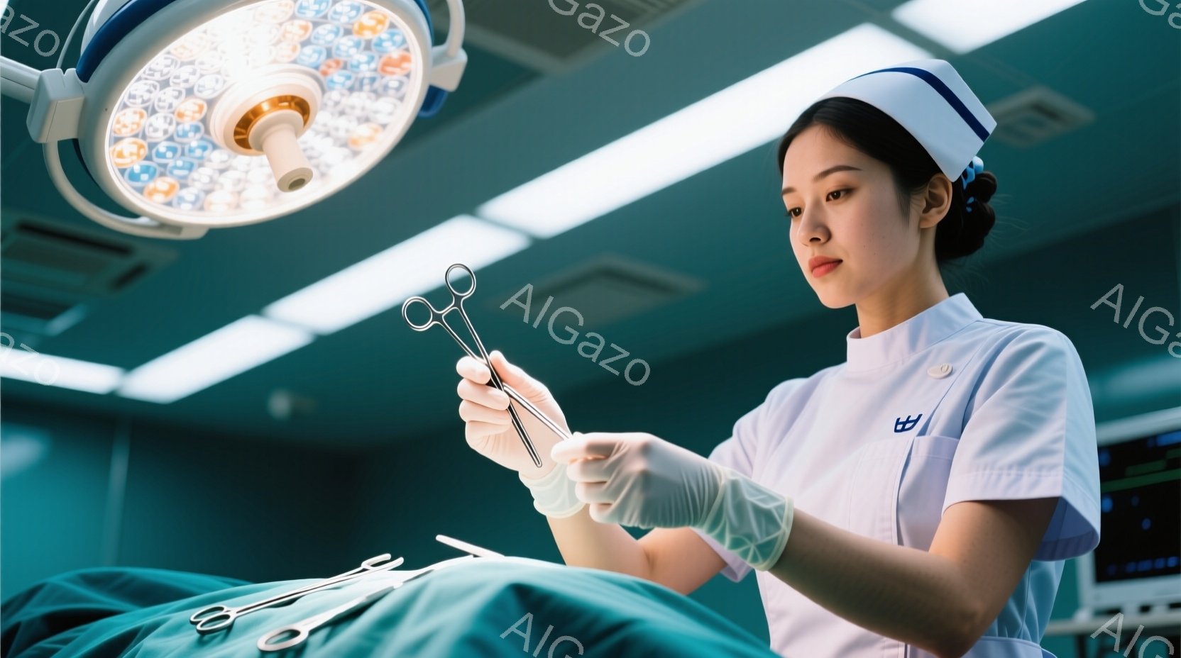 白衣とキャップを着用した女性が手術室でメスを手にしている。彼女は青い手術着の上から白い手袋を着用し、真剣な表情でメスを調べている。背景には手術台と医療機器が見え、手術室の無菌的な雰囲気が漂っている。