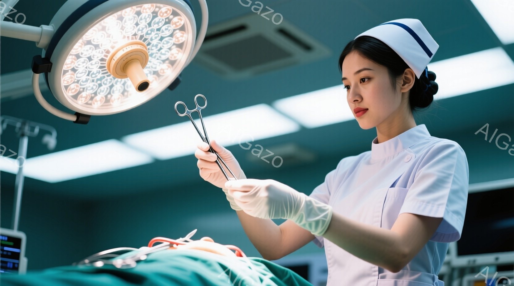 白衣と帽子を着用した女性医療従事者が、手術室でメスを手に持っている様子が写っている。彼女は真剣な表情で、患者の手術部位を見つめている。背景には手術用具や医療機器が見え、青い手術室の照明が強く照らされている。