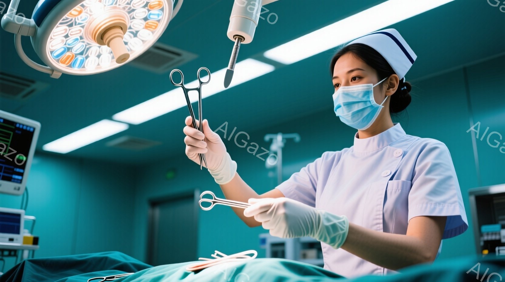 白衣と帽子を着用し、マスクで顔を覆った女性医療従事者が、手術室でメスのような医療器具を手に持っている。彼女は患者の横たわるベッドの傍で、集中した表情で器具を調べている。背景には医療機器やモニターが見え、清潔で無菌的な手術室の雰囲気が漂っている。