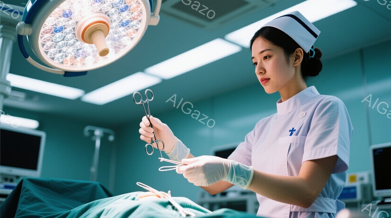 白衣と帽子を着用した女性が手術室で手術器具を見つめている。彼女は真剣な表情で、医療用グローブを着用し、集中した姿勢で作業に取り組んでいる。背景には手術台と医療機器が見え、全体的に清潔で無菌的な雰囲気が - AI生成フリー素材