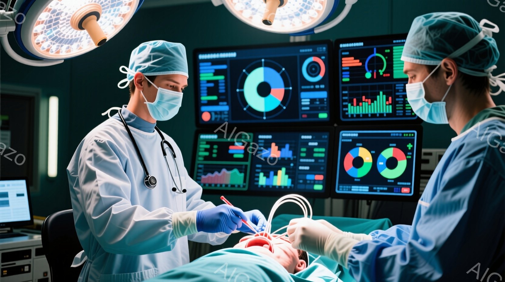 手術室で、青い手術着と帽子を着用した外科医二人が患者の治療にあたっています。一人は患者の頭部に集中し、精密な器具を使って何か作業を行っています。背景には様々なデータが表示されたモニターが並び、高度な医療技術が用いられていることがわかります。