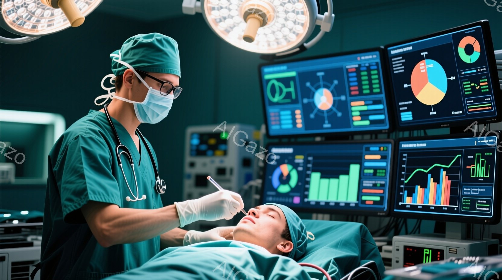 手術室で外科医が手術を行っている様子が写っている。外科医は緑色の手術着、帽子、マスクを着用し、患者の顔の近くで何らかの操作を行っている。背景には複数のモニターが並んでおり、複雑なグラフやデータが表示され、高度な医療技術が用いられていることを示唆している。