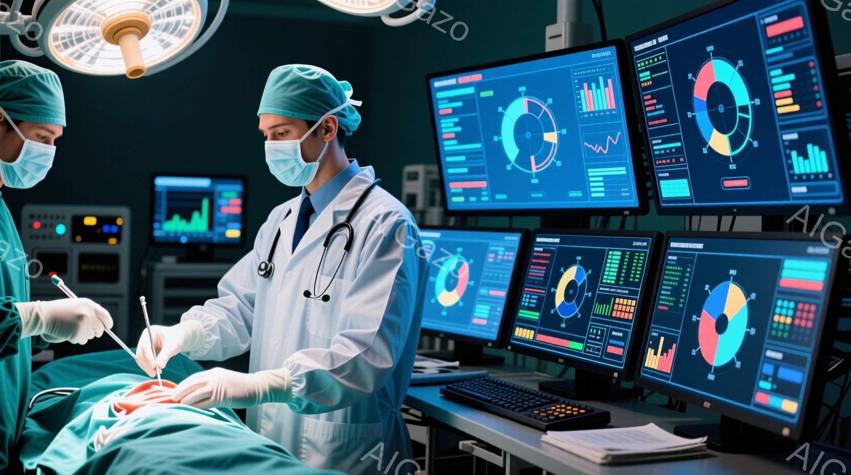 手術室で、緑色の手術着とマスクを着用した医師たちが手術を行っています。医師の一人は患者に集中して何かを操作しており、もう一人はモニターを見ながら何かを確認しているようです。背景には複数のモニターが並んでおり、データやグラフが表示され、高度な医療技術が使用されていることを示唆しています。