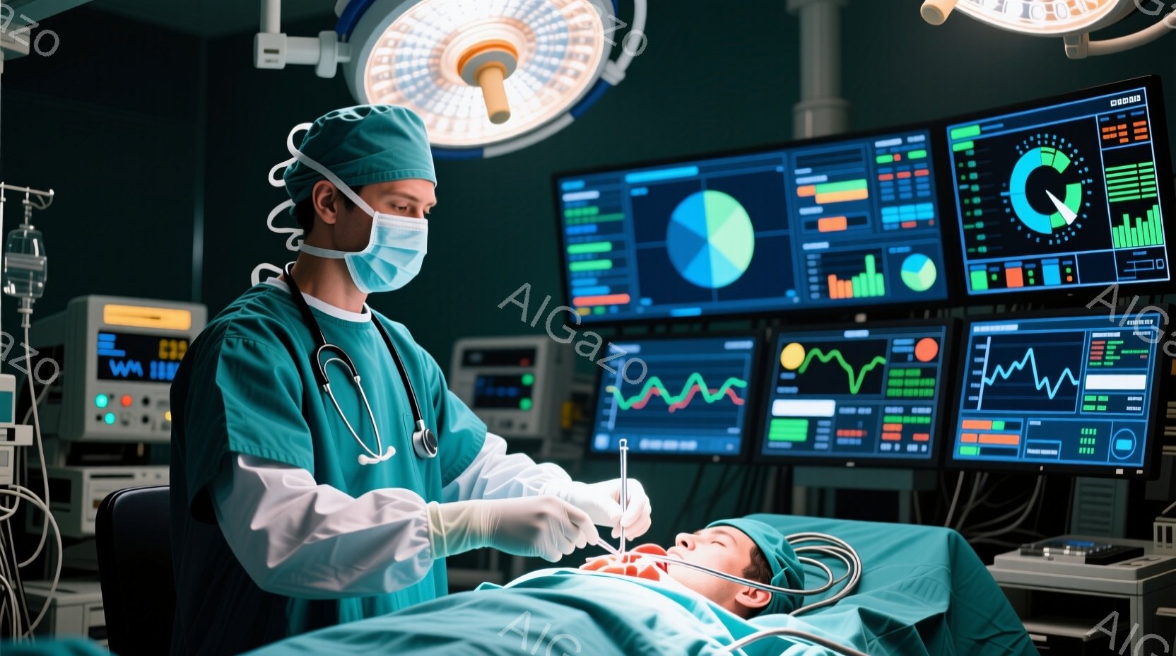 手術室で、緑色の手術着とマスク、帽子を着用した医師が手術を行っています。患者は手術台に仰向けに寝ており、様々な医療機器が接続されています。背景には、多くのデータが表示された複数のモニターがあり、手術室の無菌的な雰囲気を強調しています。