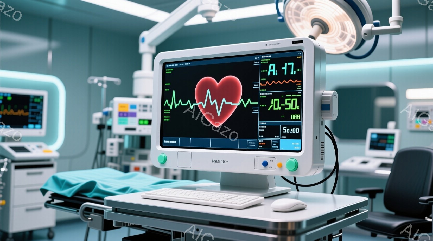 手術室の様子が写っており、中央には心電図が表示されたモニターが置かれています。モニターには赤い心臓のアイコンと、心拍数を示す波形が表示され、緊急事態を示唆するような緊張感があります。背景には手術台や医療機器が見え、清潔で無菌的な空間であることがわかります。
