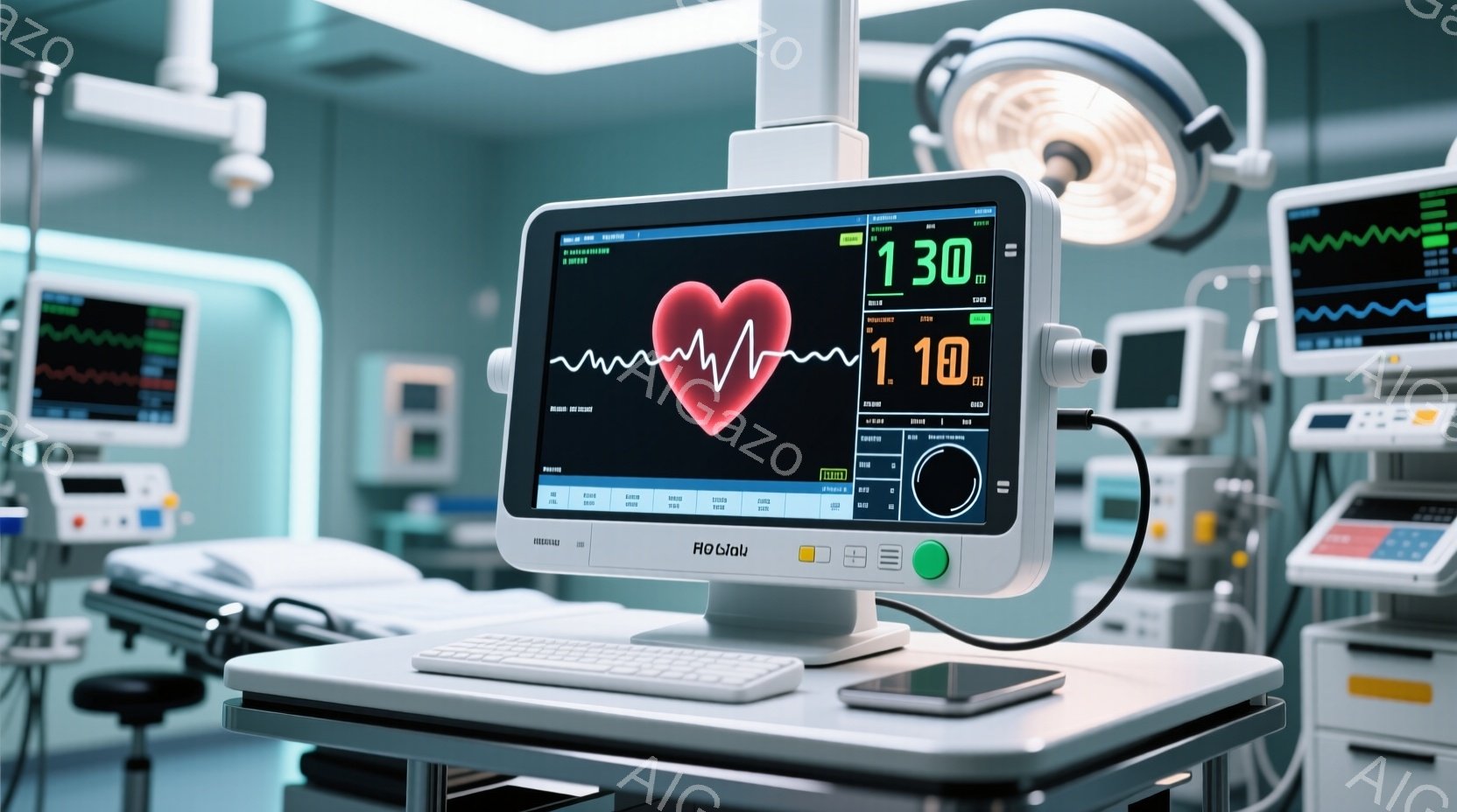 手術室または集中治療室のような医療環境を示しています。中央には、心電図波形と赤い心臓のアイコンを表示する医療モニターが配置されており、モニターの下にはキーボードとマウスが置かれています。背景には、他の医療機器やモニター、そして医療用ベッドが見え、全体的に無菌的で緊張感のある雰囲気が漂っています。