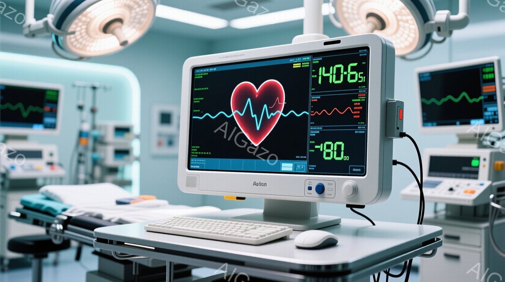 白い医療機器が並ぶ手術室で、心電図モニターが中央に大きく表示されている。モニターには赤い心臓のアイコンと、数値データが読み取れる。背景には医療用ベッドや他の機器が見え、清潔で無菌的な雰囲気が漂っている。