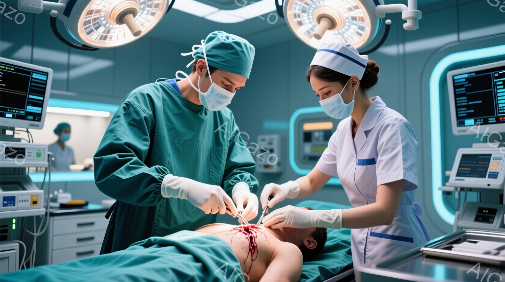 手術室で、緑色の手術着と帽子を着用した男性医師と、白衣と帽子を着用した女性看護師が手術を行っています。患者は手術台に仰向けに横たわり、胸部に傷が見られます。背景には医療機器やモニターが並び、手術室の無菌的で緊張感のある雰囲気が漂っています。