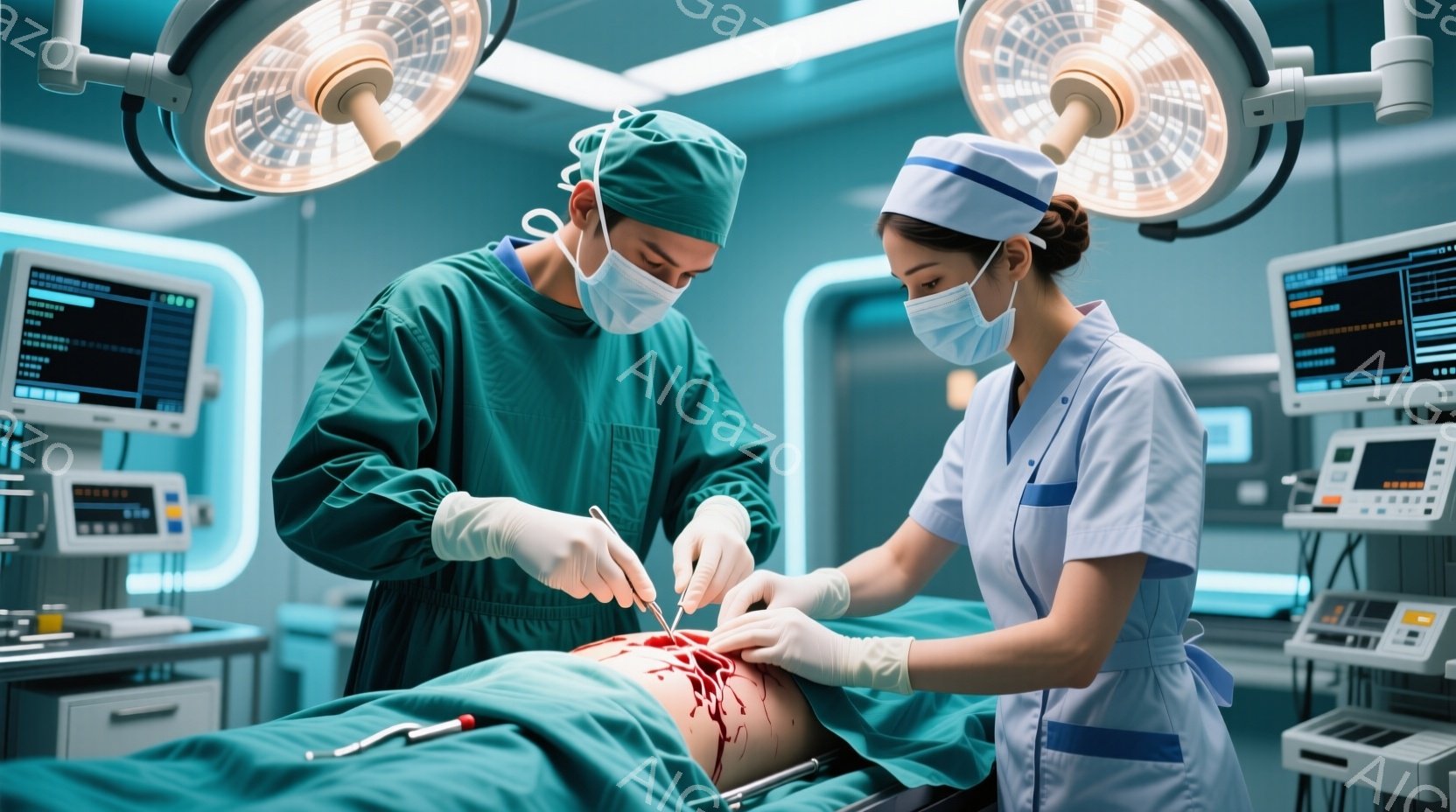 手術室で、緑色の手術着と帽子を着用した男性医師と、白衣と帽子を着用した女性看護師が手術を行っている。患者は手術台に仰向けに横たわり、医師はメスを手に慎重にオペレーションを行っている。背景には医療機器が並び、天井には手術用のライトが設置されており、緊張感と集中が感じられる雰囲気である。