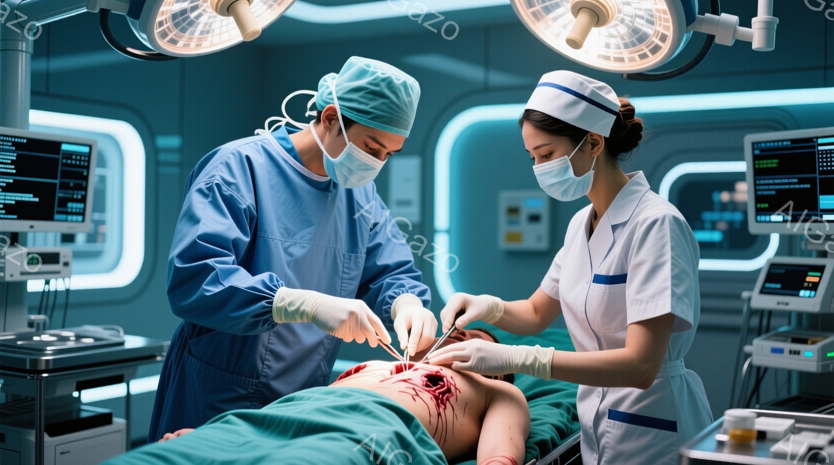手術室で、青い手術着と帽子を着用した男性医師と、白衣と帽子を着用した女性看護師が手術を行っています。患者は手術台に仰向けに横たわり、腹部に傷があります。背景には医療機器やモニターが配置されており、全体的に清潔で緊張感のある雰囲気が漂っています。