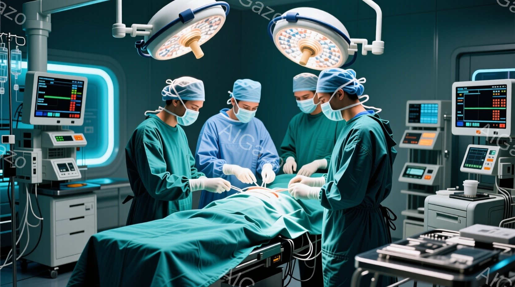 手術室で、青い手術着と帽子を着用した4人の医療従事者が患者の手術を行っています。彼らはマスクで顔を覆い、真剣な表情で集中して手術に臨んでいます。背景には医療機器やモニターが並び、手術室の無菌的で緊張感のある雰囲気を醸し出しています。