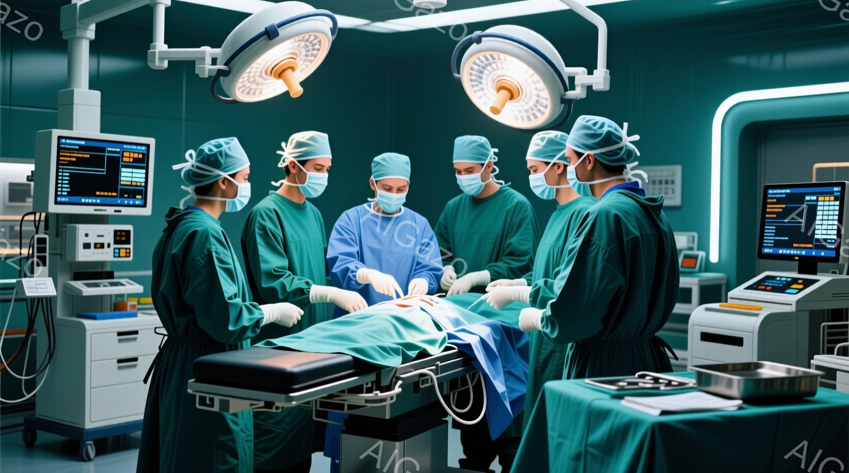 手術室で、医療チームが患者の手術を行っている様子が写っている。全員が手術着、マスク、帽子を着用し、集中した表情で手術に臨んでいる。背景には医療機器やモニターが配置され、清潔で無菌的な雰囲気が漂っている。