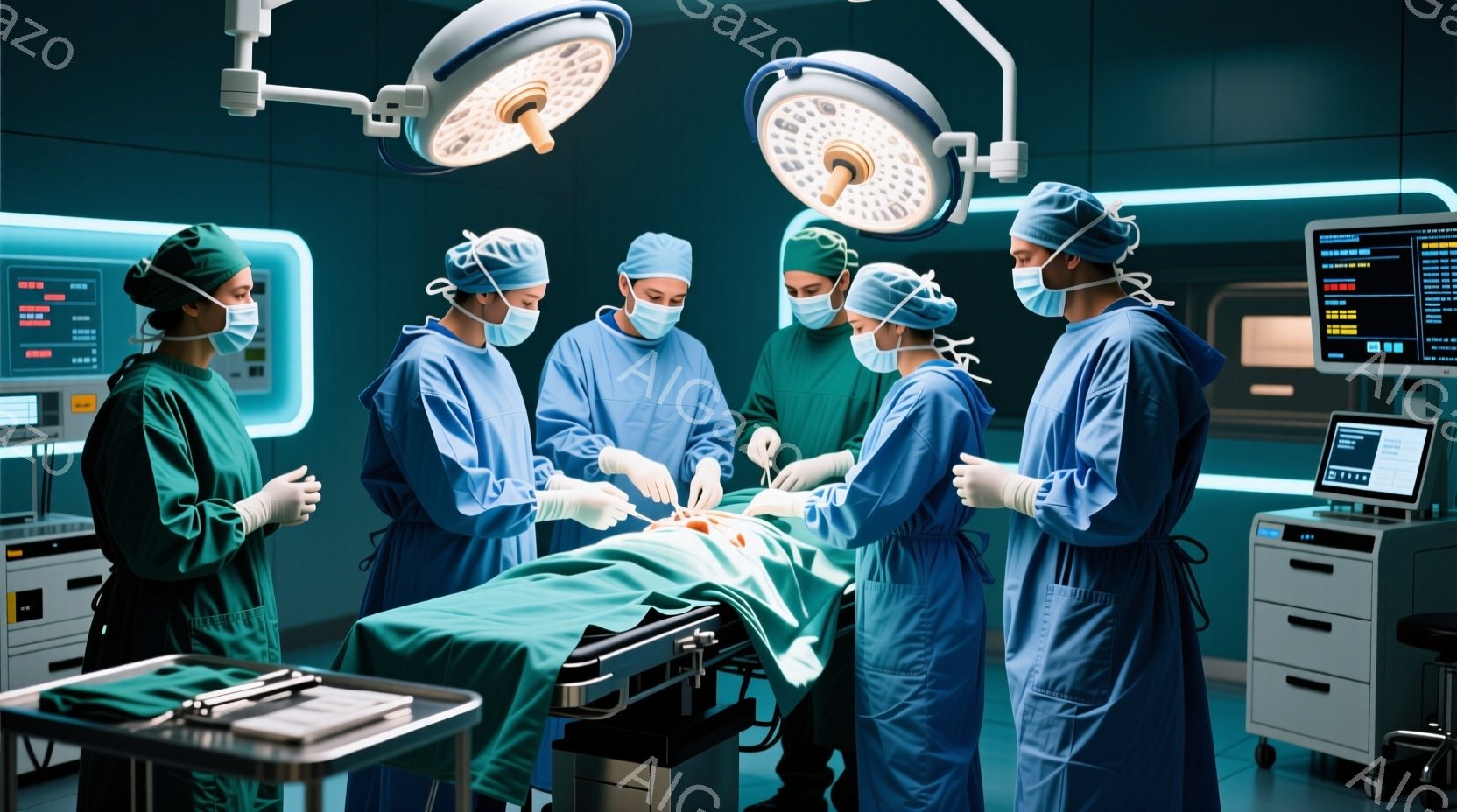 手術室で、青色の手術着と帽子を着用した医療チームが手術を行っている様子が描かれている。患者は手術台に仰向けに横たわっており、医師たちは集中した表情で手術に臨んでいる。背景には医療機器やモニターが配置され、無菌的で緊張感のある雰囲気が漂っている。