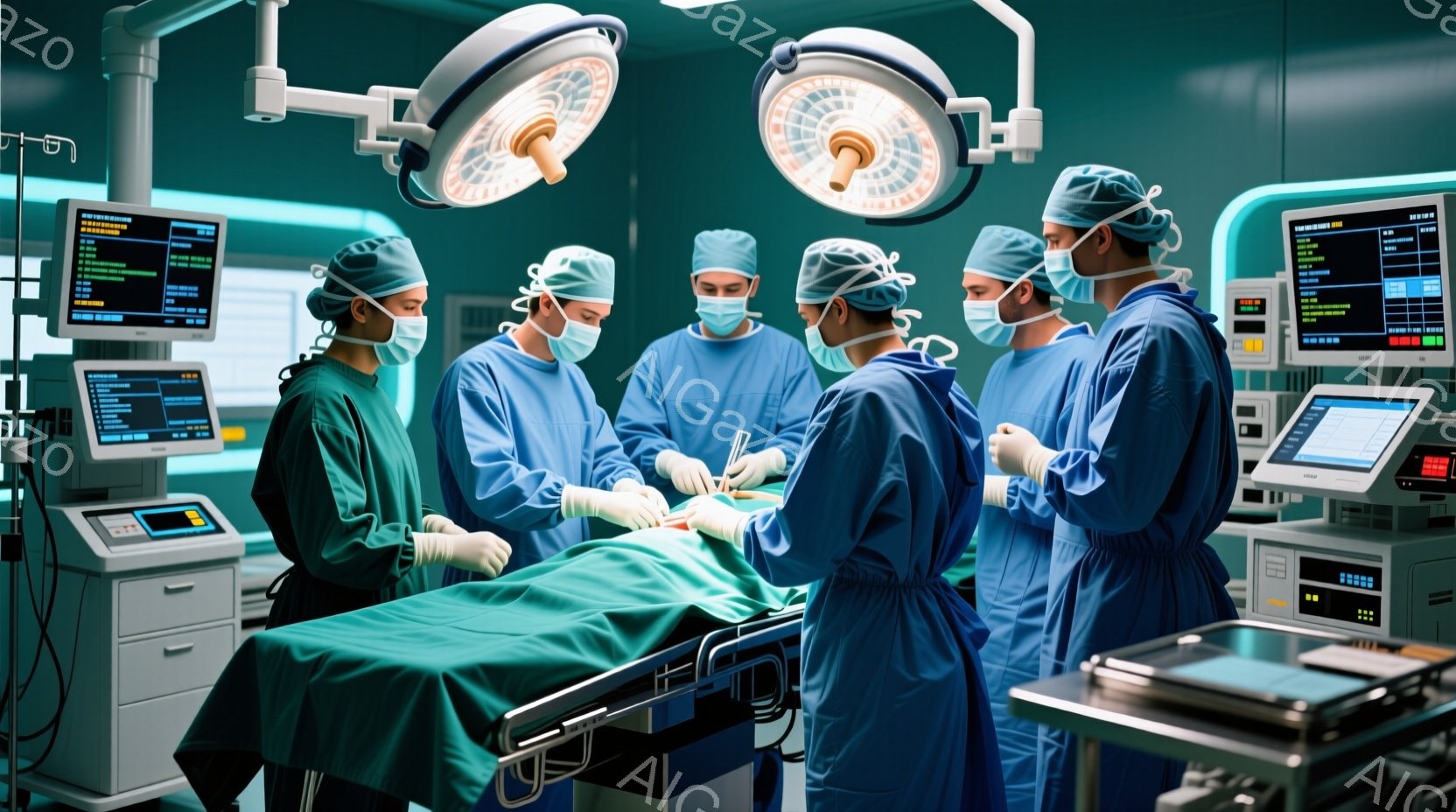 手術室で、複数の医療従事者が手術を行っています。全員が手術着、マスク、キャップを着用し、患者の体を覆う緑色の布に集中しています。背景には医療機器やモニターが並び、手術室の無菌的で緊張感のある雰囲気が伝 - AI生成フリー素材