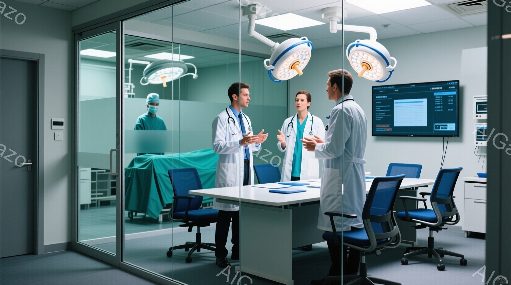 白衣を着た二人の医師が、病院の会議室のような場所で話し合っています。男性医師は身振り手振りを交えながら何かを説明しており、女性医師はそれを真剣に聞いている様子です。背景には手術室が見え、手術台の上には - AI生成フリー素材