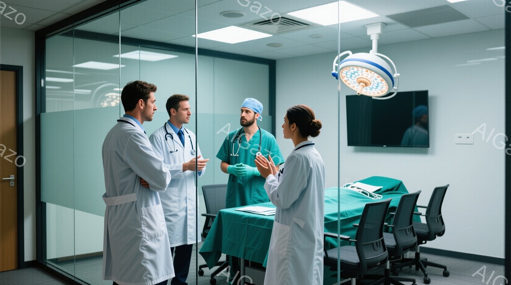 白衣を着た医師たちが手術室のような場所で集まって話しています。男性医師は白衣にネクタイで、女性医師は白衣に髪を後ろにまとめているのが見えます。背景には手術台と医療機器があり、全体的に清潔でプロフェッシ - AI生成フリー素材