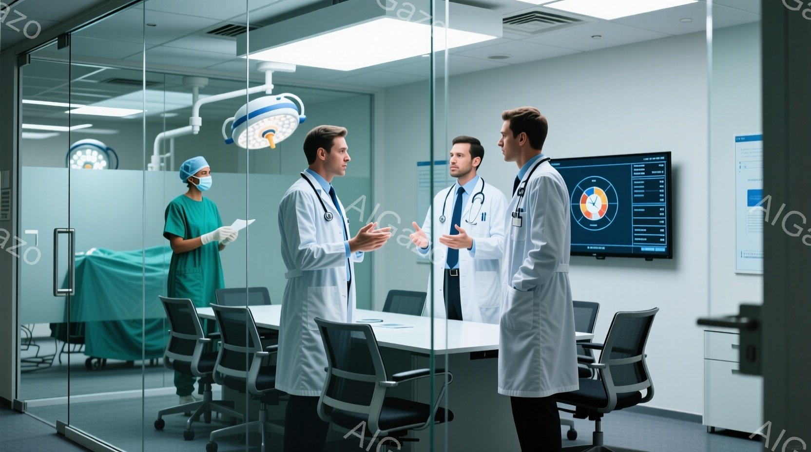 白衣を着た医師たちが会議室で話し合っている様子が写っている。一人は身振り手振りで説明し、もう一人は真剣な表情で聞き入っている。背景には手術室らしき場所と、医療機器のデータが表示されたモニターがあり、全 - AI生成フリー素材