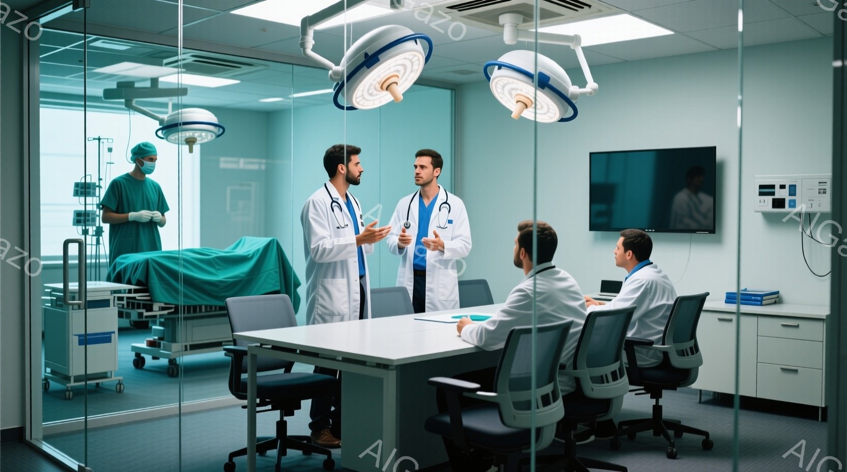白衣を着た医師たちが、手術室のような場所で話し合っている様子が写っている。医師たちは真剣な表情でジェスチャーを交えながら議論しており、手術の準備や患者の状態について検討しているのかもしれない。背景には - AI生成フリー素材