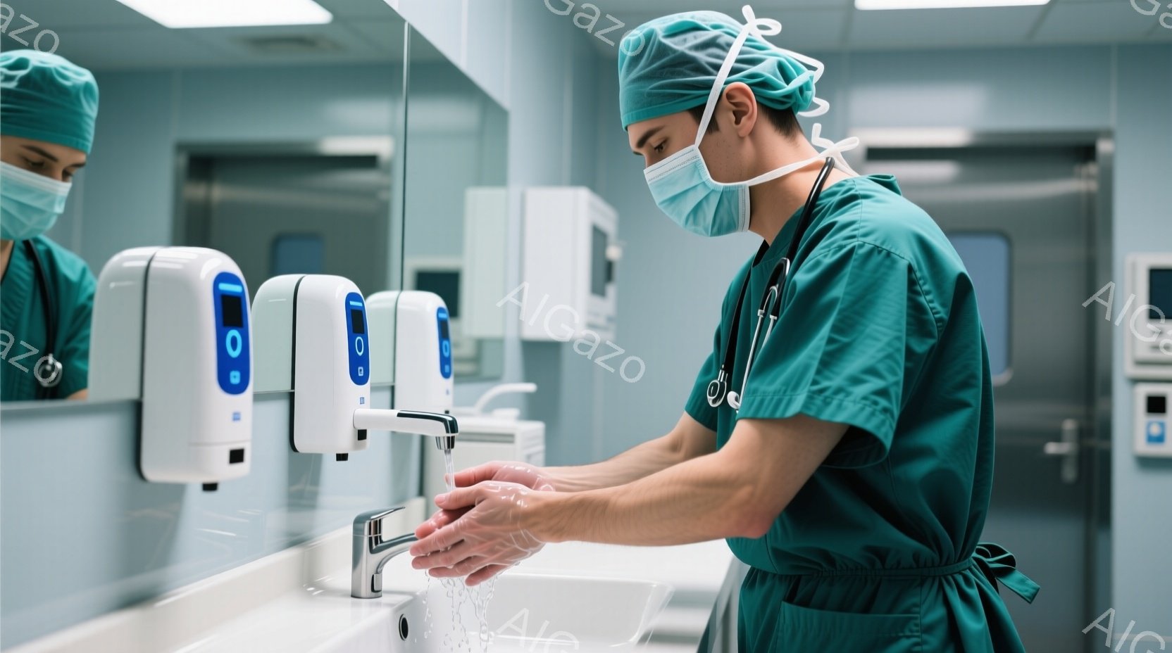 医療従事者と思われる男性が、病院の洗面台で手を洗っています。緑色の手術着、マスク、帽子を着用し、真剣な表情で清潔を保つことに集中しています。背景には他の医療従事者や医療機器が見え、清潔で無菌的な病院の - AI生成フリー素材