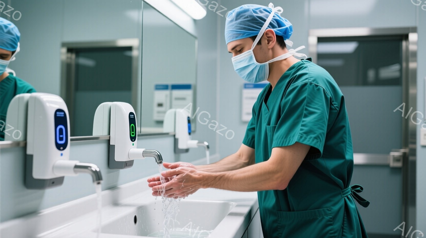 緑色の手術着とマスクを着用した男性が、病院の洗面台で手を洗っています。彼は頭にサージカルキャップを被っており、真剣な表情で衛生管理に気を配っています。背景には白いタイルと洗面台が並び、清潔で無菌的な雰 - AI生成フリー素材