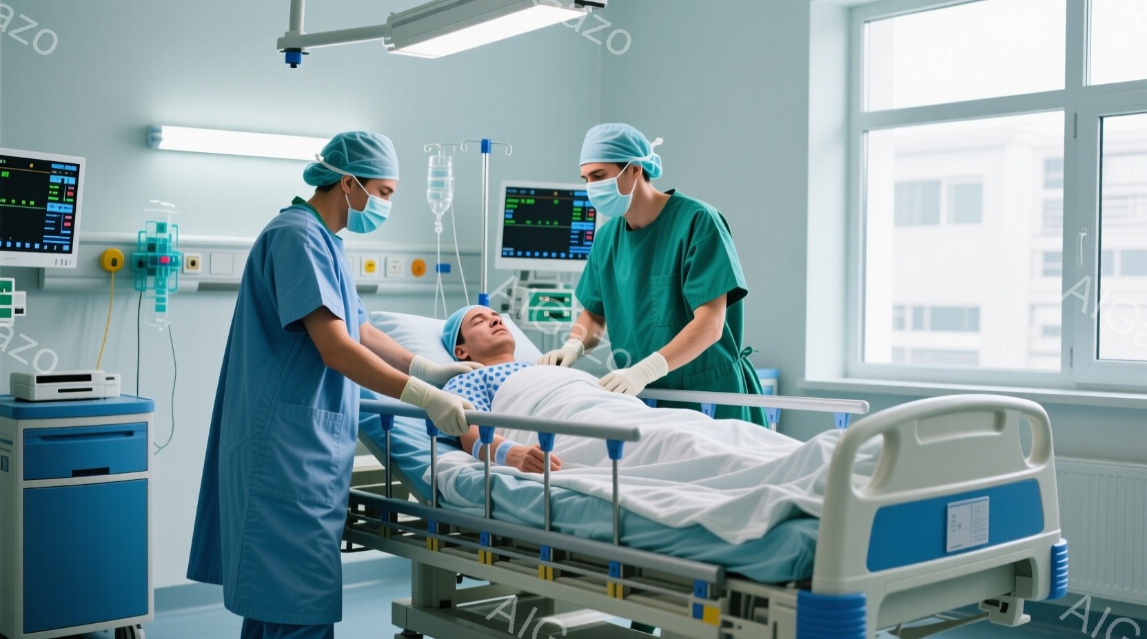 病院のベッドに横たわる患者の傍らには、手術着と帽子、マスクを着用した二人の医療従事者が立っている。患者は眠っているか意識不明のようで、医療従事者は患者の状態を確認しているようだ。背景には医療機器やモニ - AI生成フリー素材