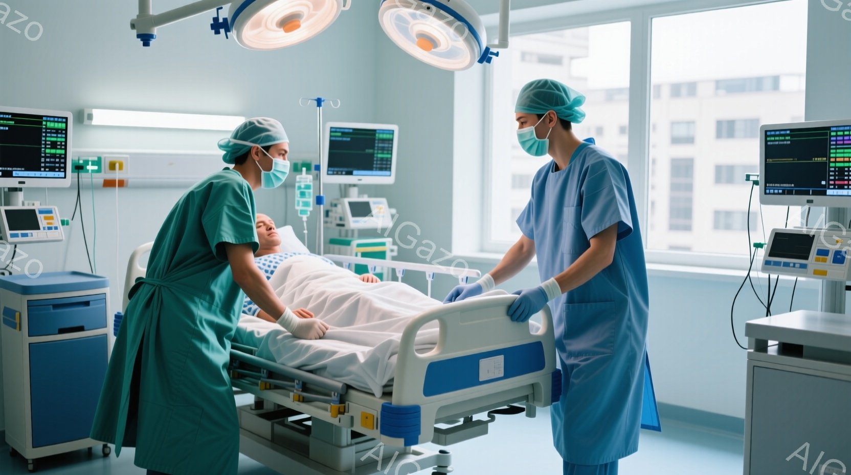 看護師と医師と思われる二人が、病院のベッドに横たわる患者を介助している様子が写っている。二人は緑色の手術着と帽子を着用し、マスクで顔を覆っている。背景には医療機器が並び、明るい室内で緊迫感と同時に医療現場の清潔感が感じられる。